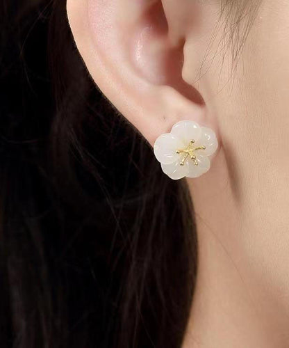 Diy White Sterling Silver Overgild Inlaid Jade Plum Blossom Stud Earrings