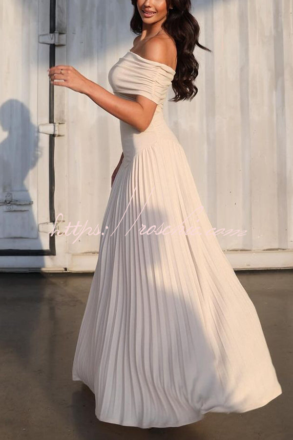 Off-shoulder Slim Fit Pleated Maxi Dress