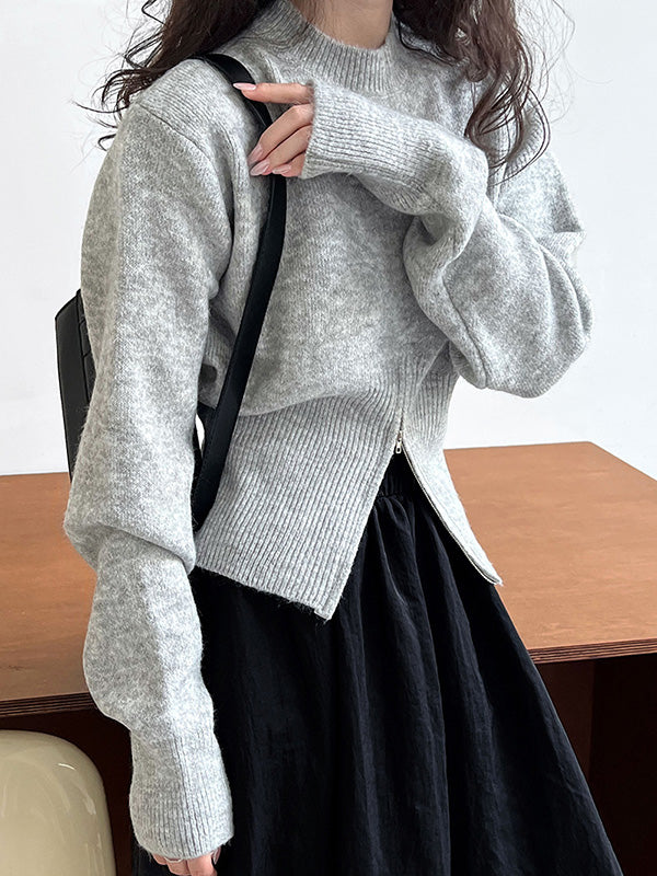 Urban Coffee Mock Neck Zipper Slit Hem Long Sleeve Sweater Qx004