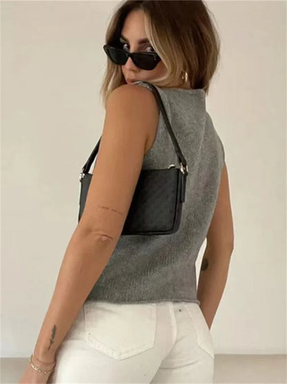 Female Hollow Out Knit Cardigan Sleeveless Baggy High Street Tank Top Summer V-neck Slim Vest Y2k Top