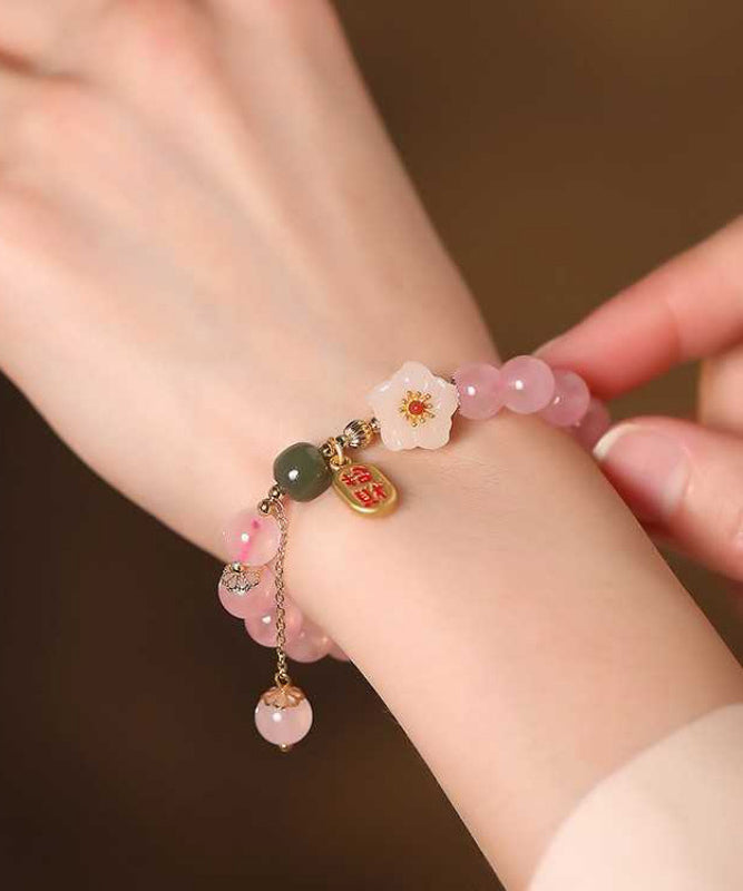 Pink Sterling Silver Alloy Crystal Peach Blossom Charm Bracelet