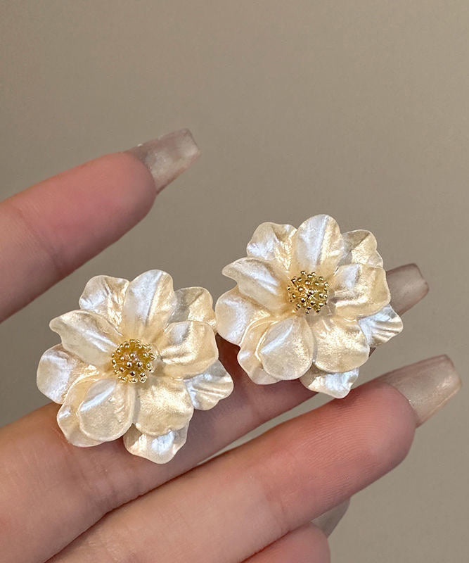 Stylish Beige Copper Alloy Acrylic Camellia Flower Stud Earrings