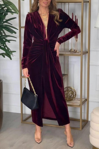 Classic Pleated Deep V Slit Party Maxi Dress