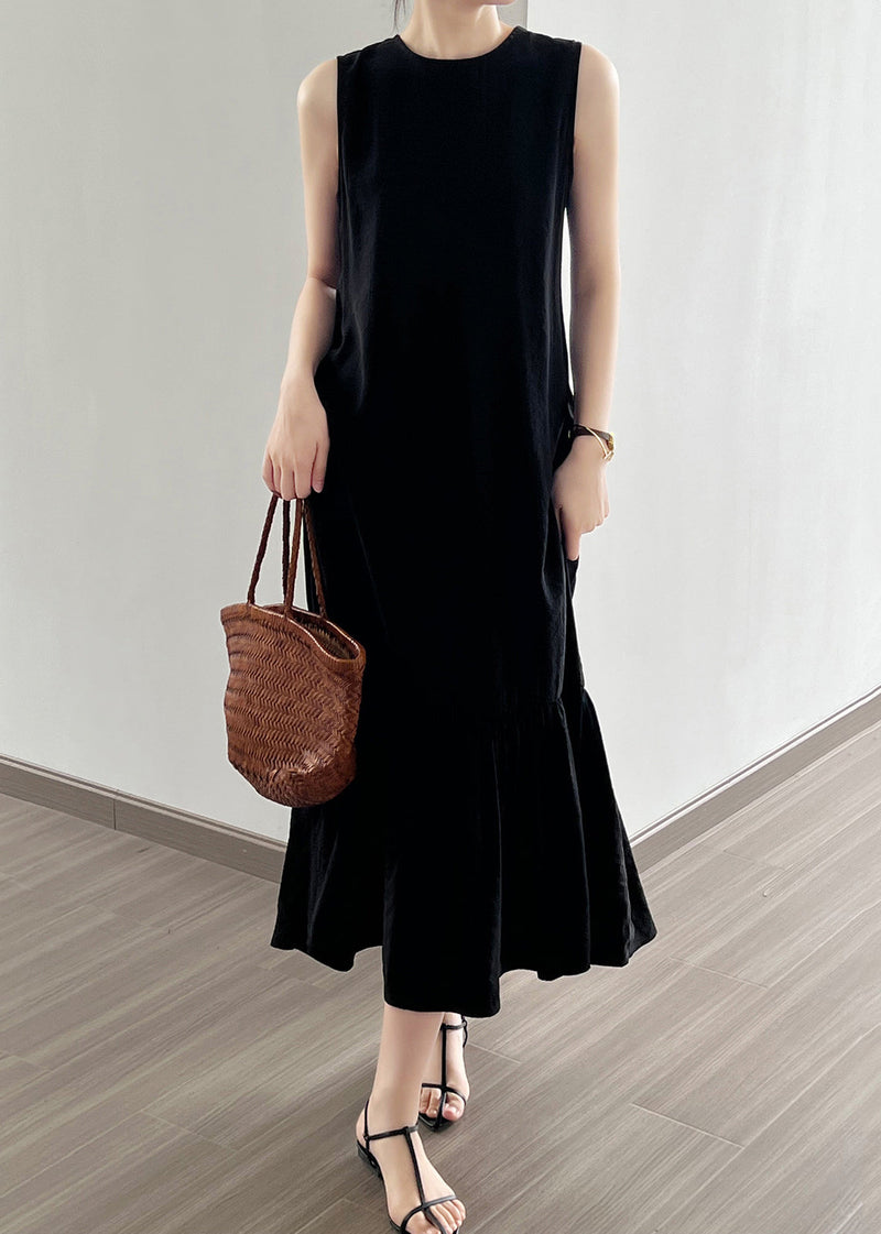 Black Wrinkled Cotton Long Dress O Neck Sleeveless Nn021