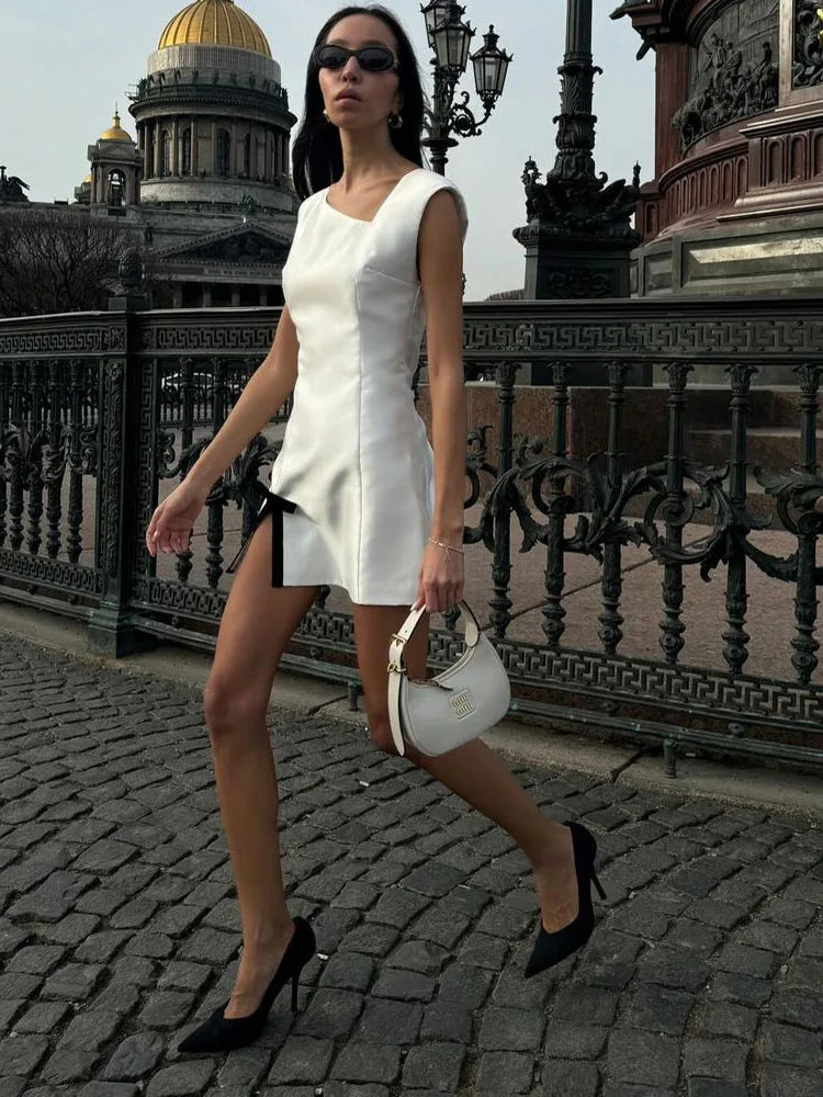 Satin Tee Bow Mini Dress for High Waist Contrast Slim Summer Sleeveless Party Dress Gown
