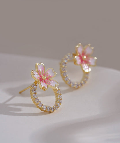 Diy Pink 14k Gold Zircon Oil Drip Stud Earrings