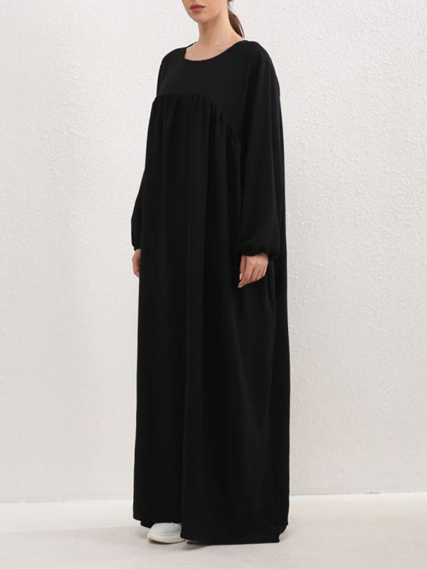 Long Sleeves Loose Pleated Color Split-joint Round-neck Maxi Dresses