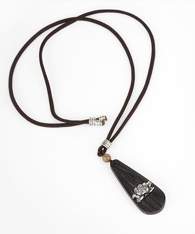 Fine Black Hand Knitting Peony Water Drop Pendant Necklace