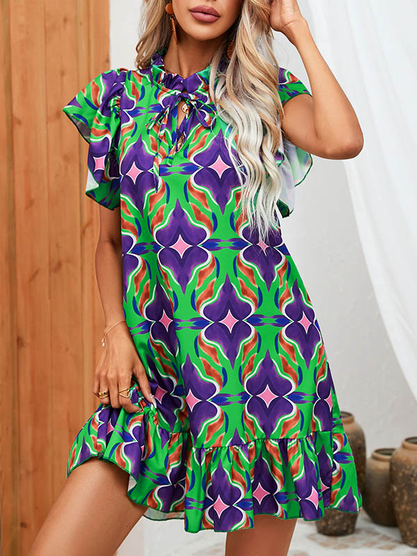 A-line High Waisted Hollow Pleated Printed Split-joint Tied Round-neck Mini Dresses