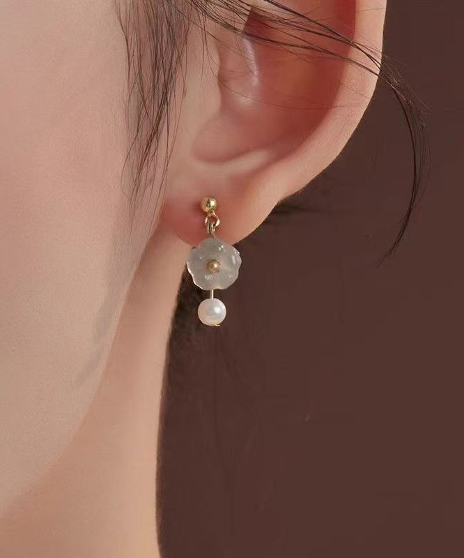 Art Colorblock Sterling Silver Overgild Jade Pearl Drop Earrings
