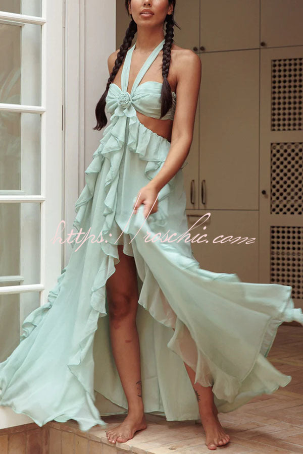 Vacation Halter Rose Detail Cut Out Ruffles Backless Maxi Dress