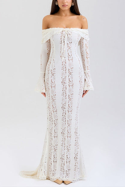 Lace Off Shoulder Flare Sleeve Fishtail Maxi Dresses-white