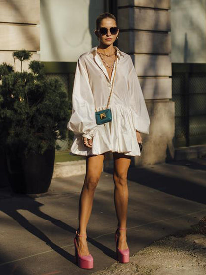 Urban Puff Sleeves Buttoned Split-joint Color Lapel Mini Dresses Shirt Dress