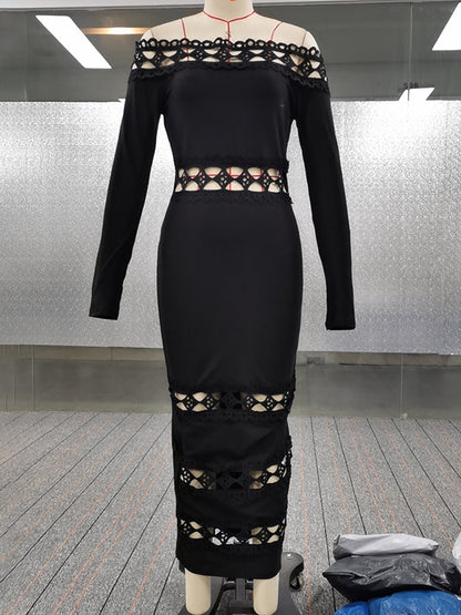 Bodycon Long Sleeves Hollow Color Split-joint Off-the-shoulder Midi Dresses