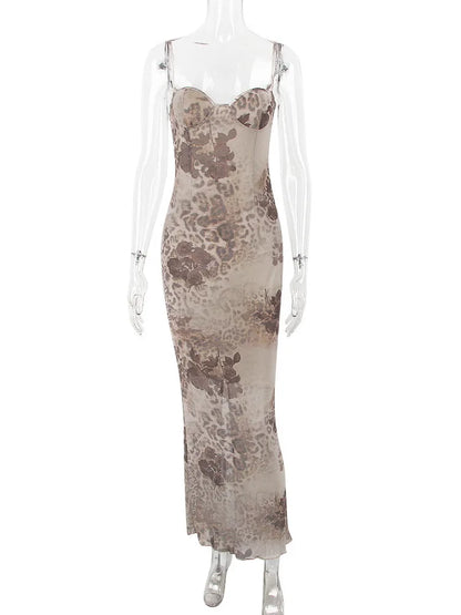 Mesh Print Maxi Dress Spaghetti Strap Sleeveless Lace-up Split Sundress Club Party Long Tank Dress