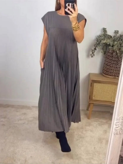 Color Pleated Dresses Temperament O Neck Folds Sleeveless Loose Long Dress Spring Summer New Vestido