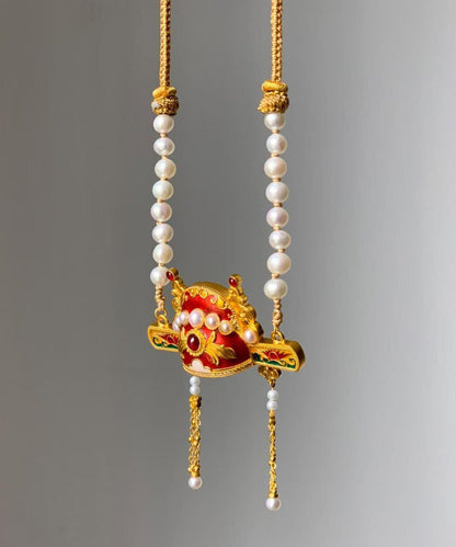 Unique Gold Sterling Silver Overgild Pearl Weavin Top Scholar Hat Lariat Necklace