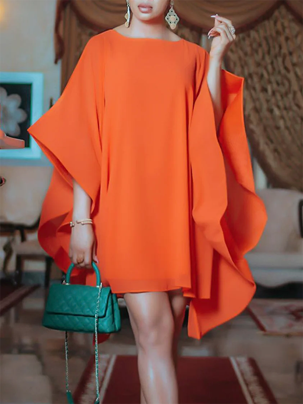 Batwing Sleeves Loose Color Round-neck Mini Dresses