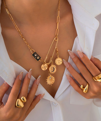 Gold Copper Alloy Zircon Pin Asymmetrical Cross Pendant Necklace