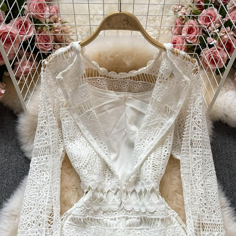 Pink O-neck Hollow Out Lace High Waist Puff Sleeve Mini Dress Ar1010