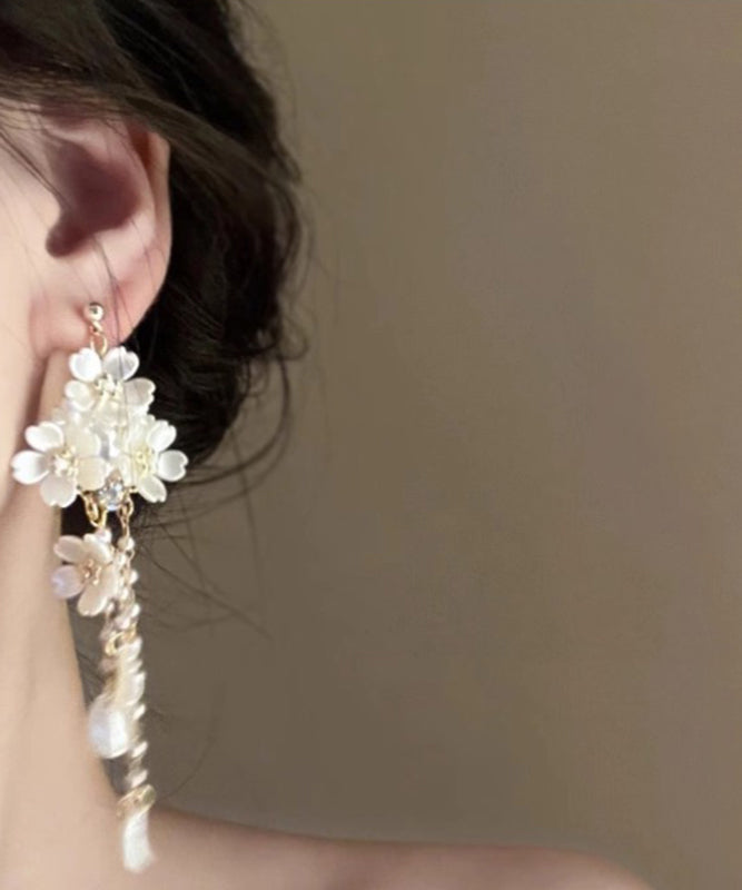 White Copper Overgild Pearl Tassel Drop Earrings