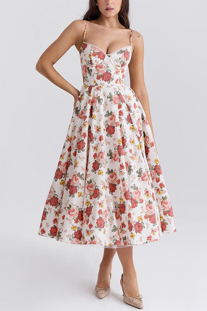 Fairy Tale Italian Rose Print Tulle Pocketed Slip Midi Dress