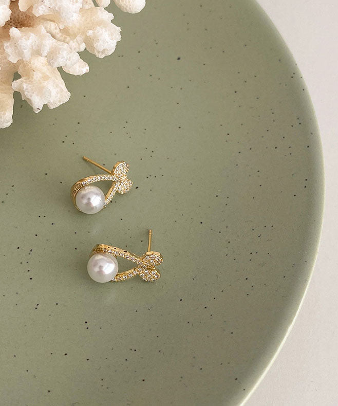 Diy Gold Sterling Silver Alloy Zircon Pearl Bow Stud Earrings