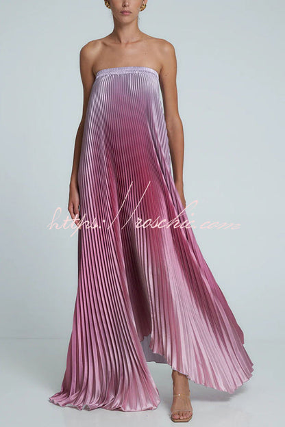 Styling Satin Pleated Elastic Bust Strapless A-line Gown Maxi Dress
