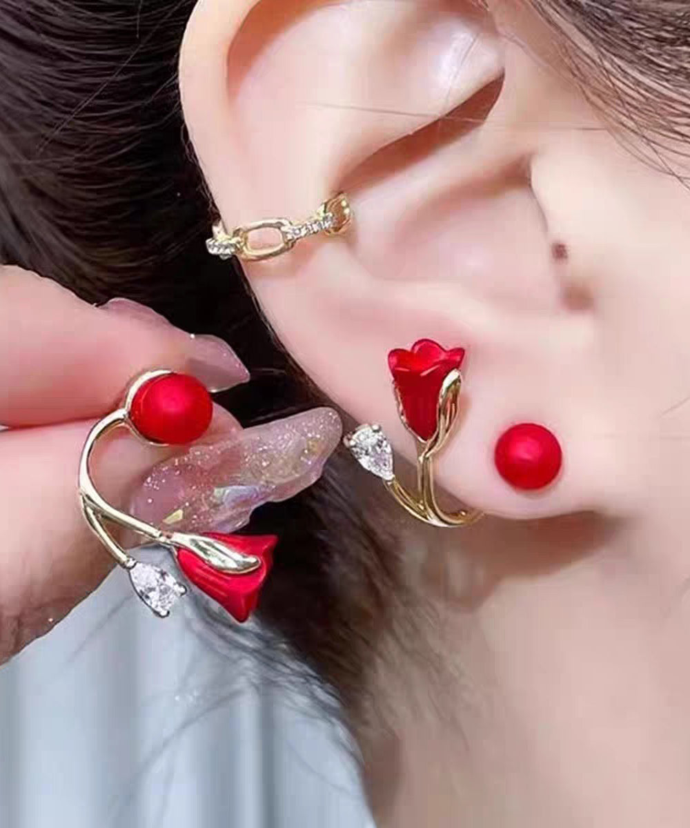 Vogue Red Alloy Zircon Dripping Glaze Pearl Stud Earrings
