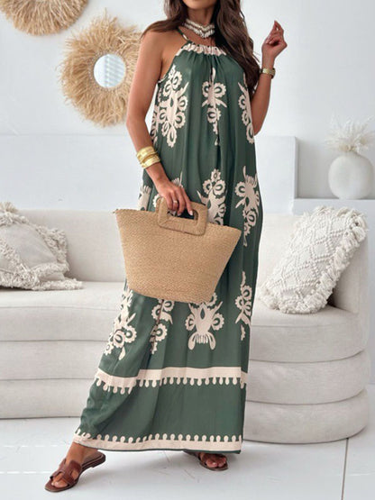 Loose Sleeveless Printed Split-joint Spaghetti-neck Maxi Dresses