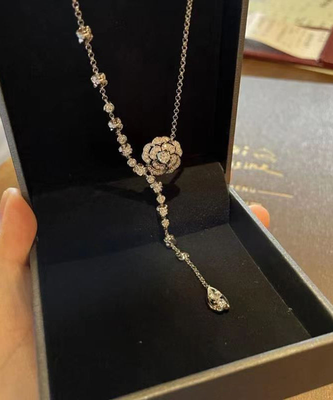 Silk Sterling Silver Zircon Rose Tassel Pendant Necklace