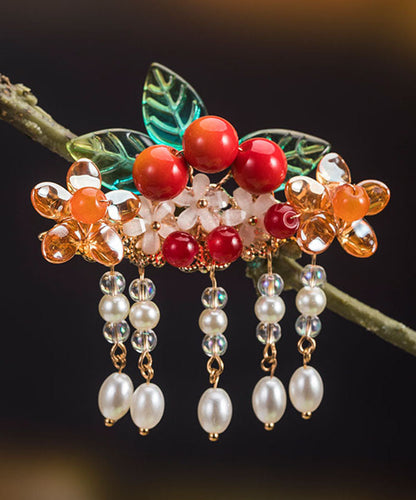 Rainbow Copper Overgild Pearl Hawthorn Leaf Tassel a Pair Hairpin