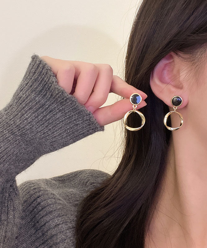 Black Sterling Silver Alloy Hollow Out Oil Drip Circle Drop Earrings