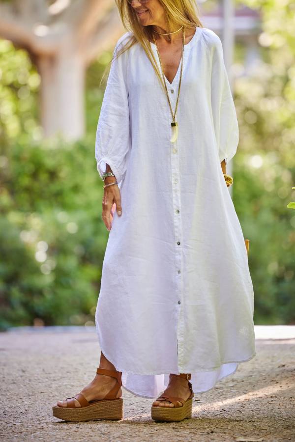 Linen Blend V Neck Balloon Sleeve Maxi Dress