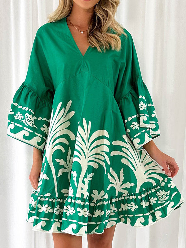 A-line Flared Sleeves Flower Print Pleated Split-joint V-neck Mini Dresses