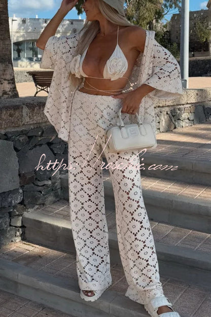 Holiday Crochet Flowers Lace Short Sleeve Shirt and Elastic Waist Wide Leg Pants Set