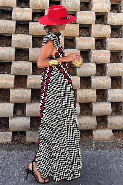Fresh Breeze Unique Print Ruffle Sleeve A-line Maxi Dress