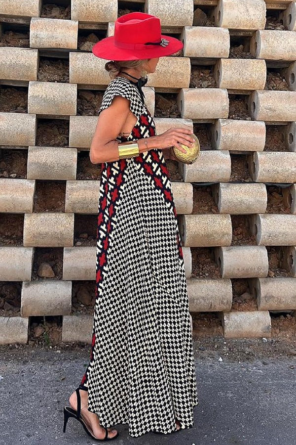 Fresh Breeze Unique Print Ruffle Sleeve A-line Maxi Dress
