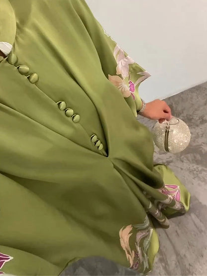 Batwing Sleeves Loose Printed Muslim Pleated Stand Collar Maxi Dresses
