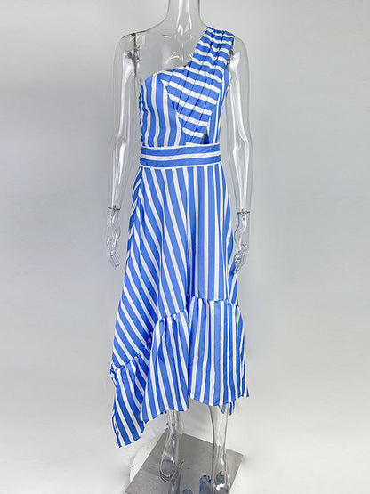 High Waisted Loose Asymmetric Hollow Pleated Pockets Split-joint Striped Zipper One-shoulder Midi Dresses