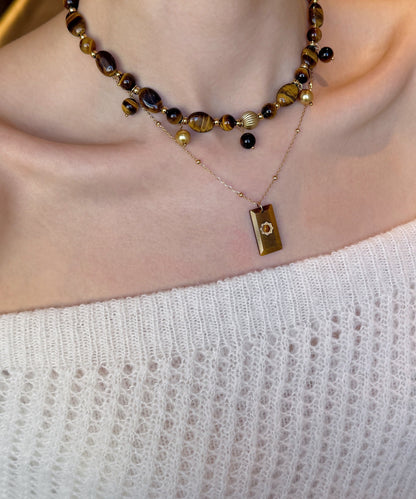 Brown Tiger's Eye Stringing Beads Layering Alloy Two Piece Set Necklace