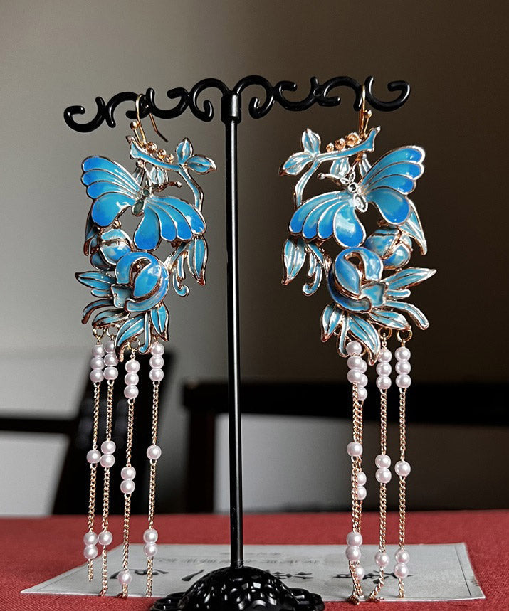 Retro Blue Sterling Silver Overgild 14k Gold Pearl Oli Drip Cloisonnedrop Earrings