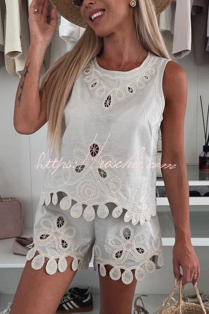 Angie Embroidery Cut-out Sleeveless Top and Elastic Waist Loose Shorts Set