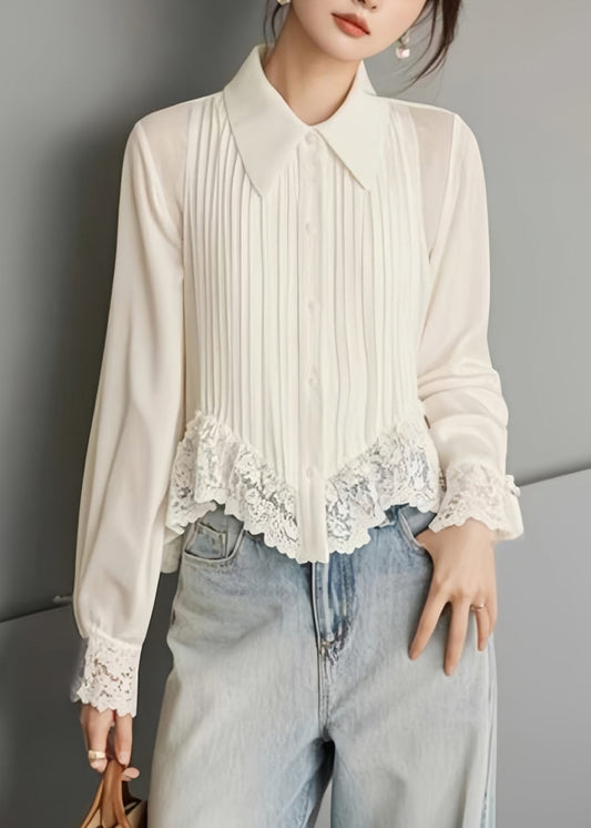 Art White Button Lace Chiffon Blouses Spring Rv040