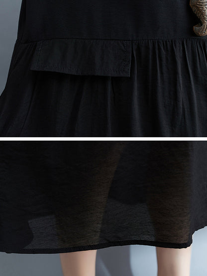 Loose Short Sleeves Gauze Color Split-joint Round-neck Midi Dresses