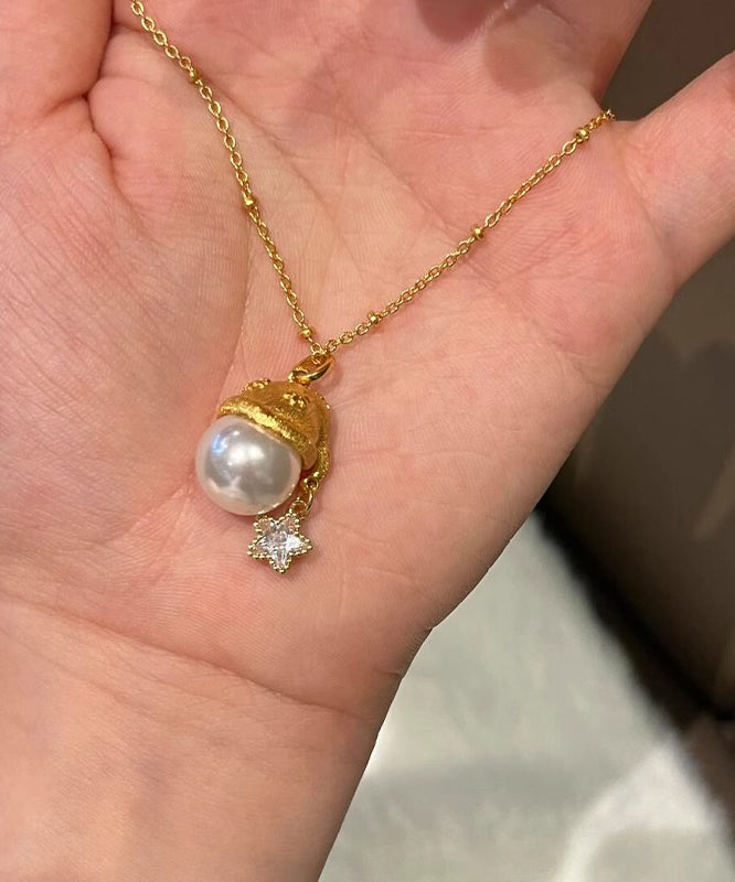 Gold Sterling Silver Overgild Zircon Pearl Star Santa's Hat Pendant Necklace