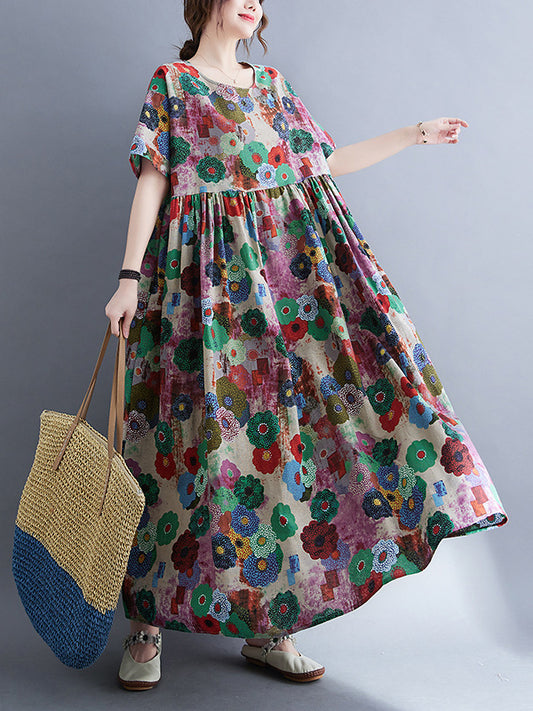 Loose Multi-colored Printed Midi Dress