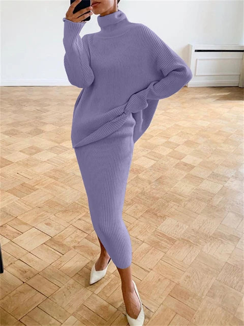 Knitted 2 Piece Outfit Set Long Sleeve Sweater Top and Pencil Long Skirts Autumn Two Piece Sweater Sets