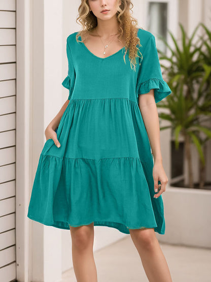 A-line Flared Sleeves Pleated Pockets Ruffled Color Split-joint Round-neck Mini Dresses