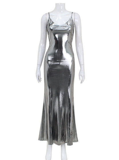 Sleeveless Shiny Color Split-joint Spaghetti-neck Maxi Dresses